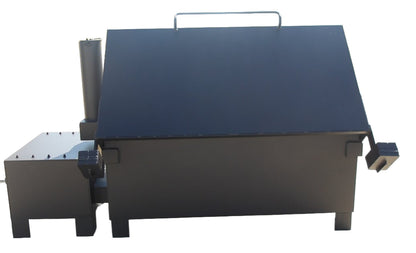 Counter weights on back of Commercial Wood Fired Offset Smoker