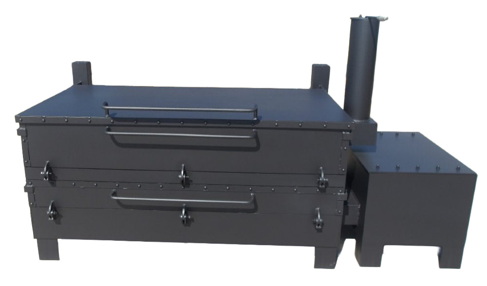 Commercial offset wood fire smoker with heavy-duty steel construction and dual front doors for professional BBQ use