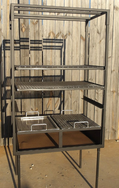 Front view of 4956 Advanced Armado multi-level wood-fired grill with expanded-metal grates
