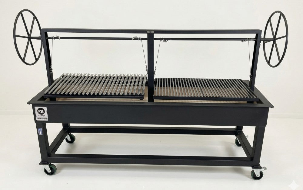 NSF certified brick lined split charcoal grill Model 4999 with Argentine V grate and 1/2 inch square rod grate for commercial restaurant live fire cooking