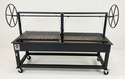 NSF certified brick lined split charcoal grill Model 4999 with Argentine V grate and 1/2 inch square rod grate for commercial restaurant live fire cooking