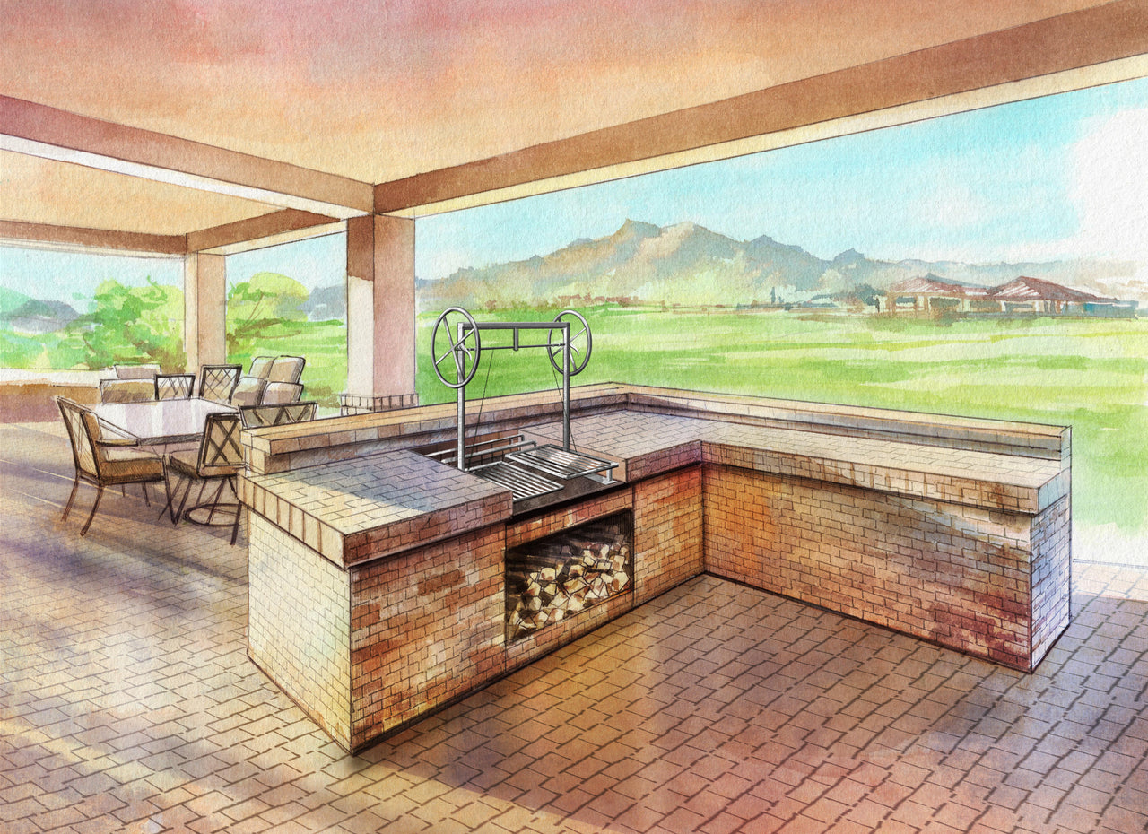 A painting of our Split Cantilevered Argentine Grill Kit in an outdoor Kitchen setting.