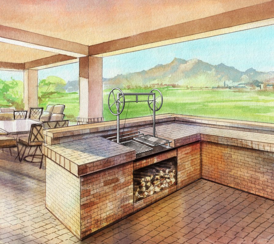 A painting of our Split Cantilevered Argentine Grill Kit in an outdoor Kitchen setting.