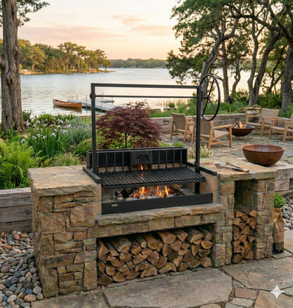 Argentine grill with rear brasero and adjustable grate built into a stone masonry outdoor kitchen, shown burning wood in a lakeside backyard setting at sunset.