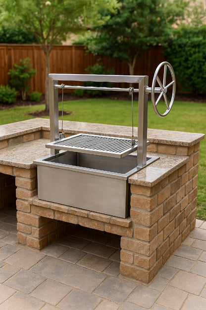 Stainless Santa Maria Grill for Masonry Outdoor Kitchen shown in an outdoor setting. 