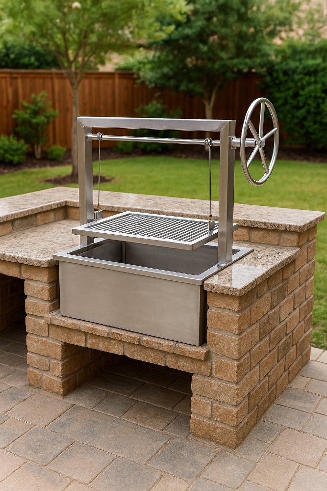 Stainless Santa Maria Grill for Masonry Outdoor Kitchen shown in an outdoor setting. 