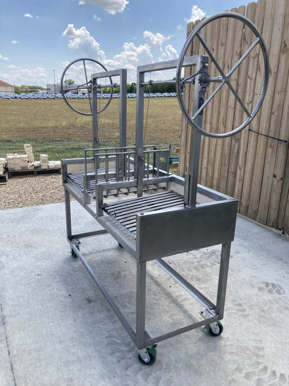 Heritage Backyard All Stainless Steel Split Argentine Grill with Center Brasero, Dual Side Wheels, and included Stainless Steel BBQ Tool Set for authentic asado grilling.