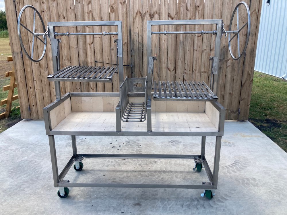 Close-up of Split Argentine V-Grates and Center Brasero on the Portable Argentine Grill, handcrafted in the USA with precision welds and adjustable height controls.