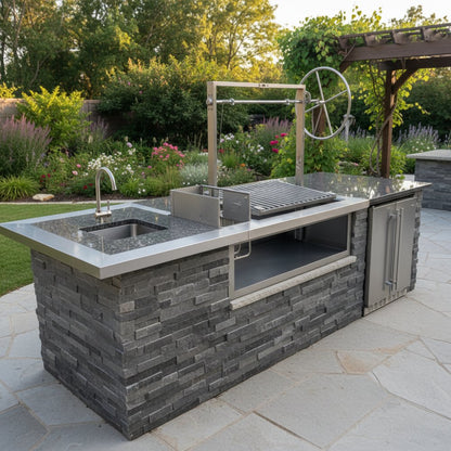 The Heritage Backyard Argentine Drop-In Grill with Firebox and Side Brasero is displayed in an outdoor kitchen setting.