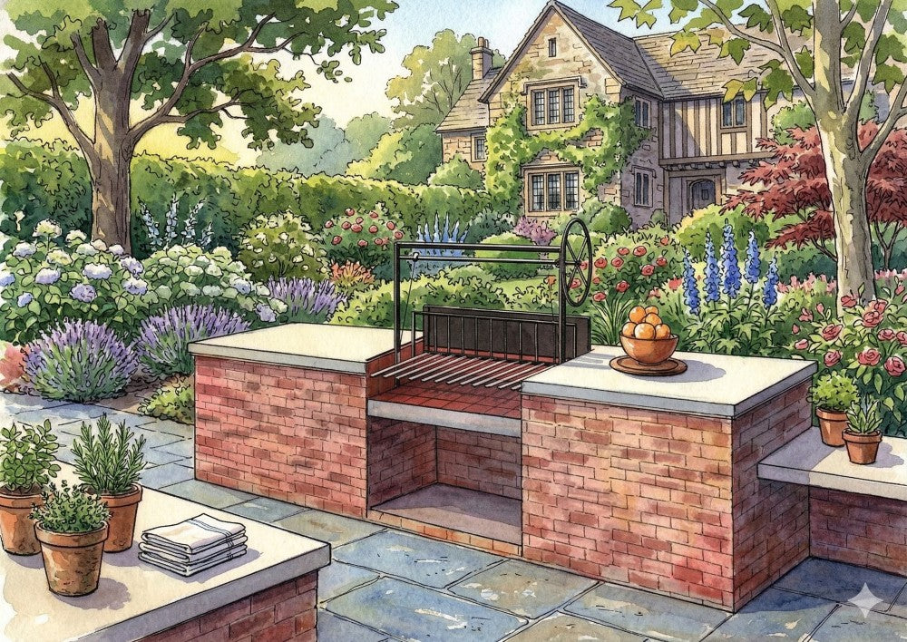 Argentine-style adjustable grill with rear brasero installed in a brick masonry outdoor kitchen, featuring a side wheel height adjustment and round rod grate for wood or charcoal cooking in a backyard setting