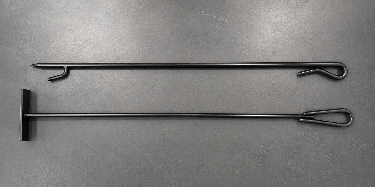BBQ ash tool set with poker and T Rake for wood-fired and charcoal grills