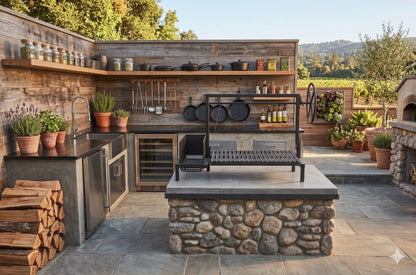 Black steel adjustable grill with side brasero installed in outdoor masonry kitchen with V-grate and side wheel control