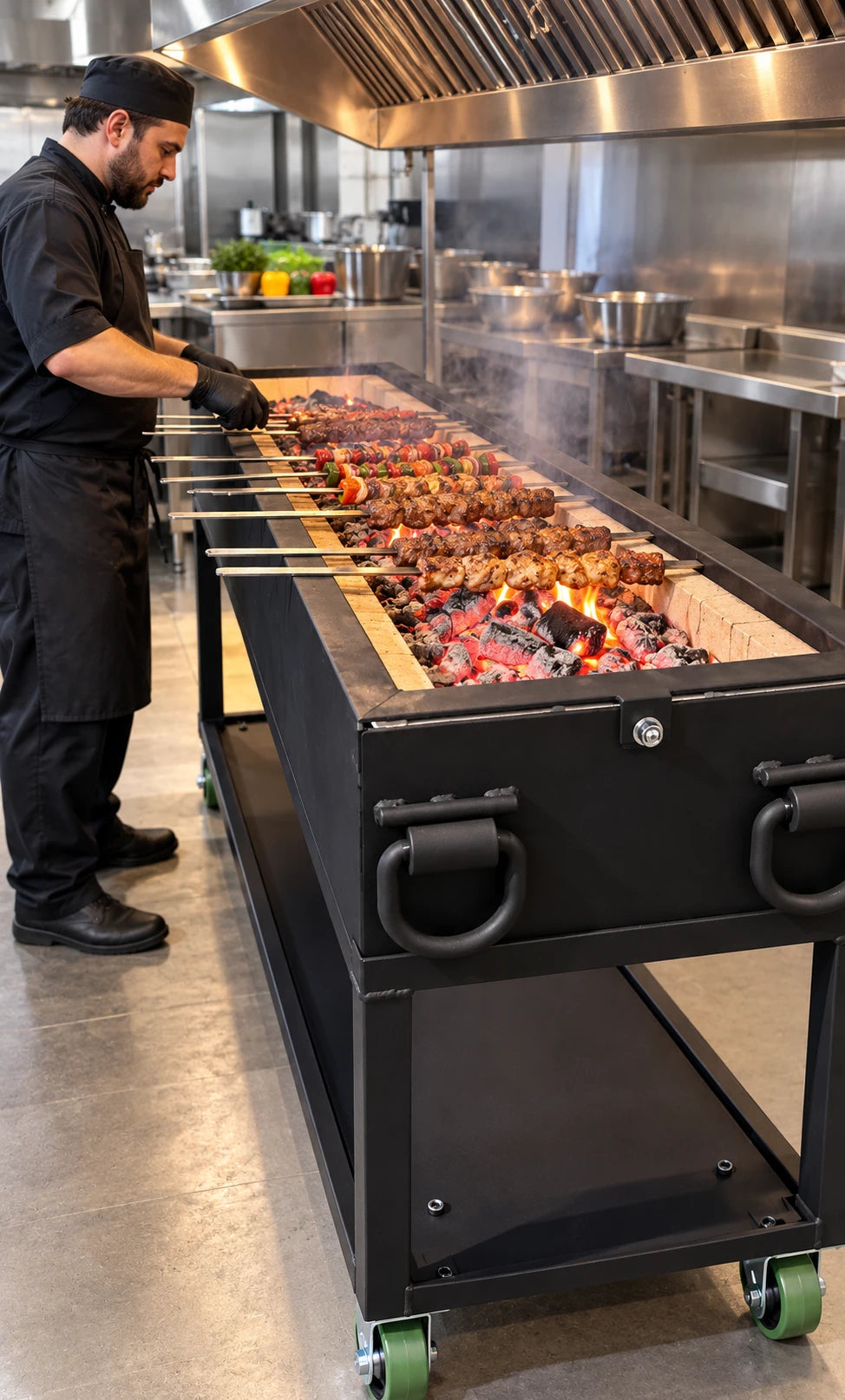 Heritage Backyard Model #4813 Commercial Ottoman-Style Charbroiler with chef grilling meat and vegetable kabobs over glowing charcoal embers in a professional kitchen beneath a commercial exhaust hood.