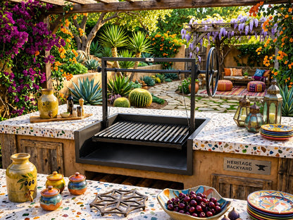 Built-in Argentine grill with black steel firebox and adjustable cooking grate installed in a Mediterranean-style outdoor kitchen with custom countertops and integrated firewood storage.