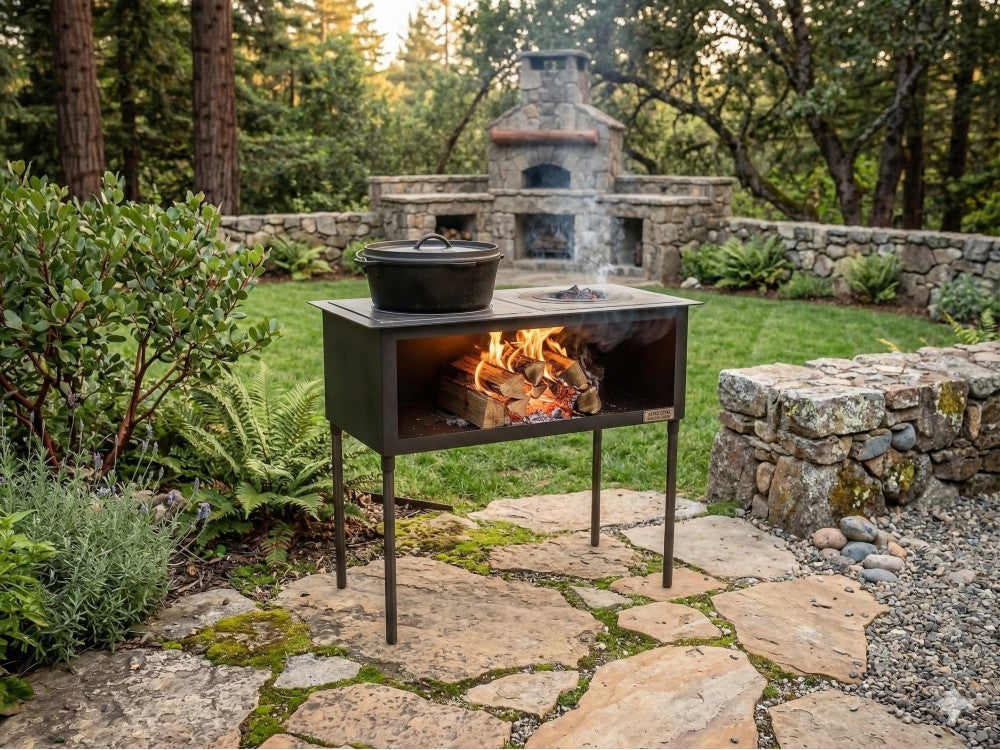 A retro wood-fired grill set in a Northern California-style backyard, surrounded by towering redwood trees. A cast-iron Dutch oven sits on the cooktop while a warm wood fire burns in the firebox.