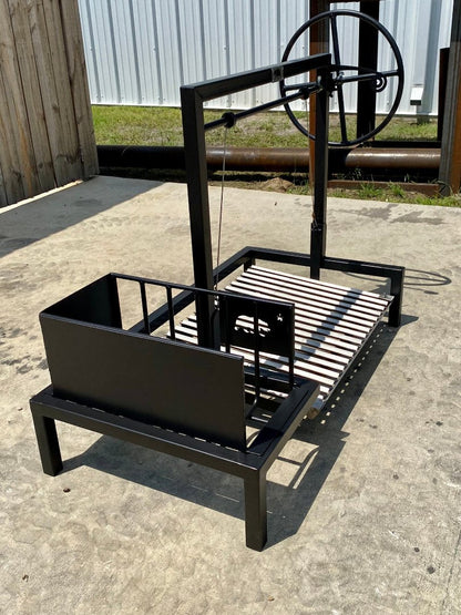 Side view of Heritage Backyard free-standing stilt grill kit with side brasero and adjustable-height grate