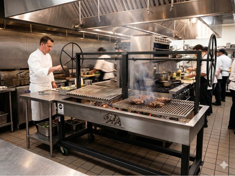 Heritage split charcoal grill with brick-lined firebox and California bear in an exhibition kitchen with chef’s table.