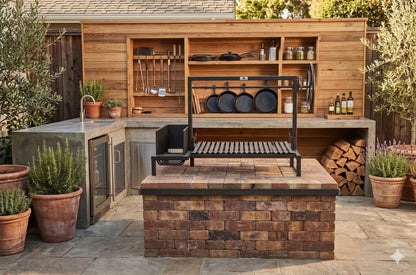 Adjustable live fire grill with side brasero, installed in masonry fire table with Argentine V-grate and side wheel control