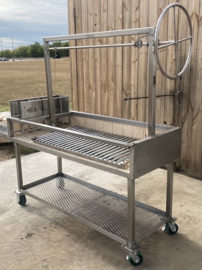 Stainless Steel Portable Wood Fire and Charcoal  Argentine Grill with Ember Making Side Brasero, V-Grate with Drip Pan, and Adjustable Height Grill Grate