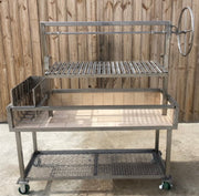 Stainless Steel Portable Wood Fire and Charcoal  Argentine Grill with Ember Making Side Brasero, V-Grate with Drip Pan, and Adjustable Height Grill Grate