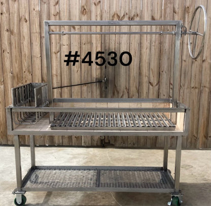 Stainless Steel Portable Wood Fire and Charcoal  Argentine Grill with Ember Making Side Brasero, V-Grate with Drip Pan, and Adjustable Height Grill Grate