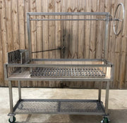 Stainless Steel Portable Wood Fire and Charcoal  Argentine Grill with Ember Making Side Brasero, V-Grate with Drip Pan, and Adjustable Height Grill Grate