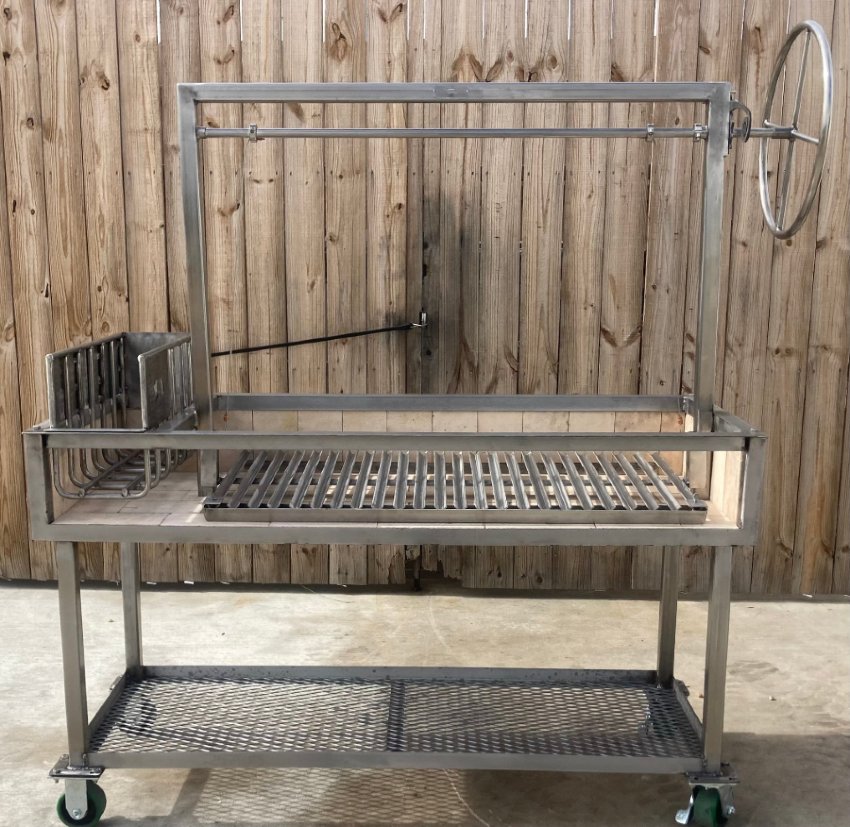 Stainless Steel Portable Wood Fire and Charcoal  Argentine Grill with Ember Making Side Brasero, V-Grate with Drip Pan, and Adjustable Height Grill Grate