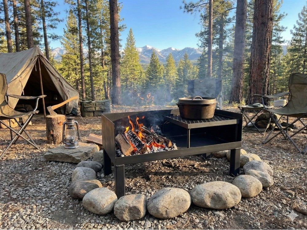 Portable steel campfire grill cooking over a wood fire with a Dutch oven.