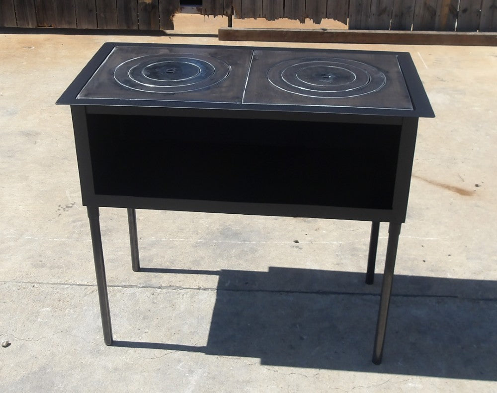 Retro wood stove outdoor grill with dual 16 inch fire plates, freestanding steel cooker for backyard and ranch use