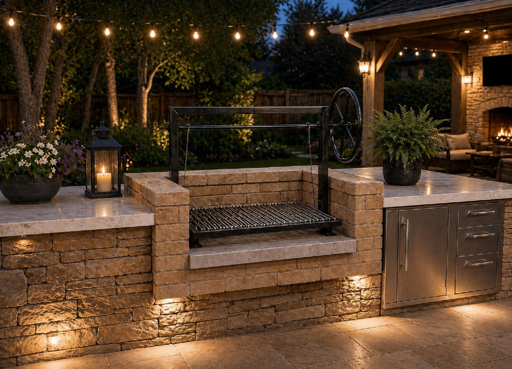 Bolt-in Santa Maria grill with stainless round rod grate installed in a masonry firebox outdoor kitchen for wood or charcoal cooking