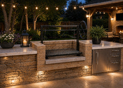 Bolt-in Santa Maria grill with stainless round rod grate installed in a masonry firebox outdoor kitchen for wood or charcoal cooking