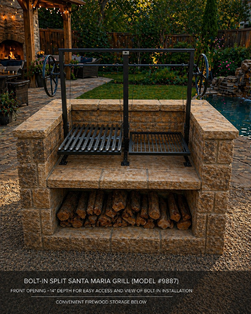 Bolt-in split Santa Maria grill installed in an open-front masonry firebox with visible mounting feet and firewood storage below for wood or charcoal cooking