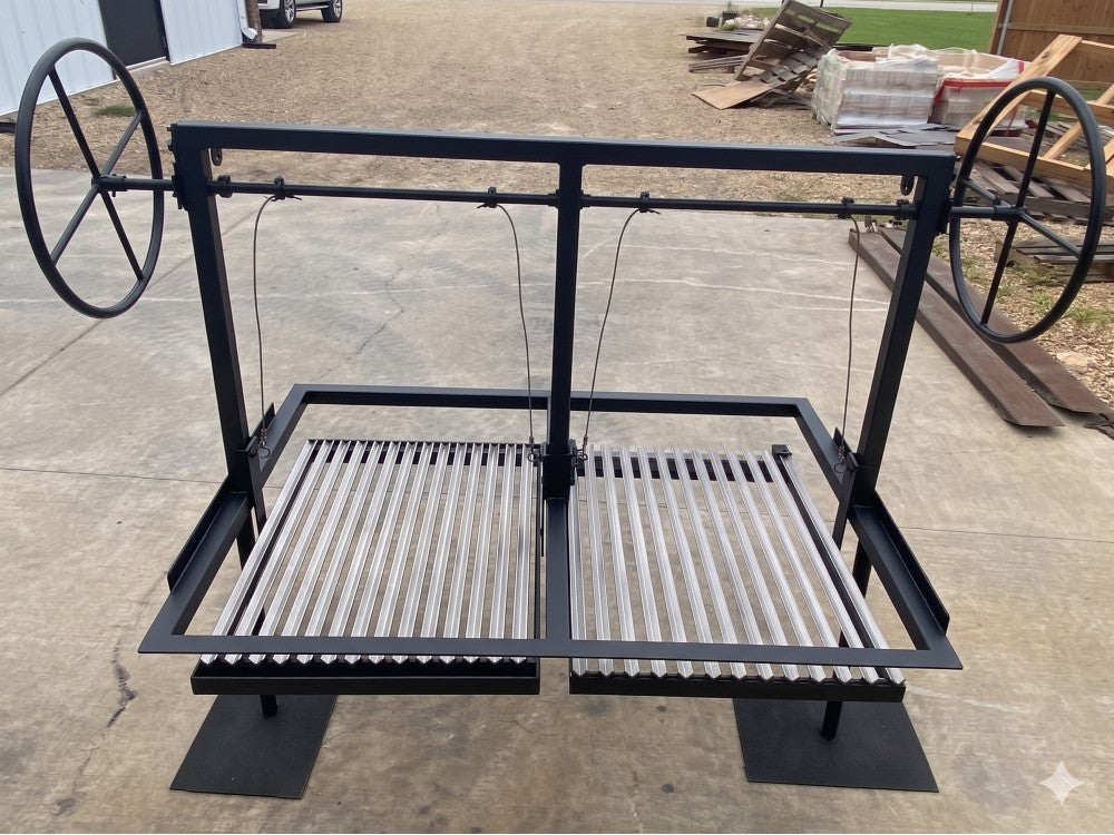Split Santa Maria grill with Argentine V-grates and 4-sided flange for grease management and open fire grilling