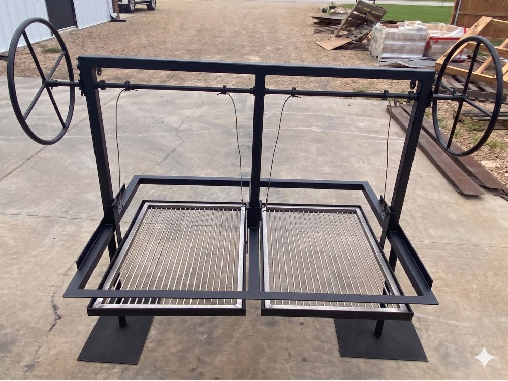 Split Santa Maria grill with 4-sided flange featuring dual adjustable round rod grates for wood or charcoal cooking