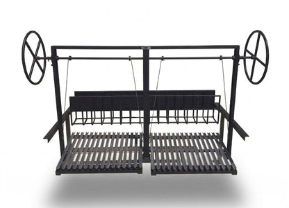 60-inch split Argentine grill kit with rear brasero, dual adjustable V-grates, and countertop flange for installation in an open front masonry firebox.