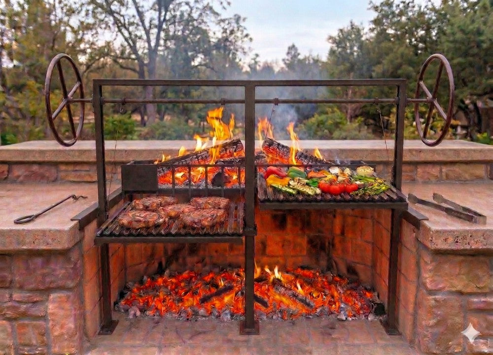 Split Argentine grill with rear brasero installed in an open front masonry firebox for traditional wood fired live fire grilling.
