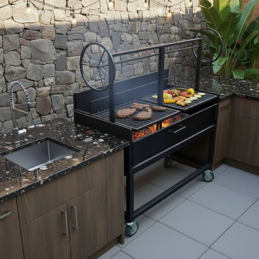 Heritage Backyard Portable Argentine Grill with Rear Ember Maker, Dual Grates, and Castered Legs, handcrafted in the USA, includes free Black or Stainless Tool Set.