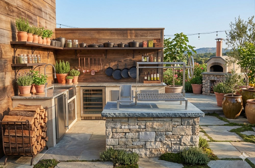 Stainless steel adjustable grill with side brasero installed in outdoor masonry kitchen with V-grate and side wheel control