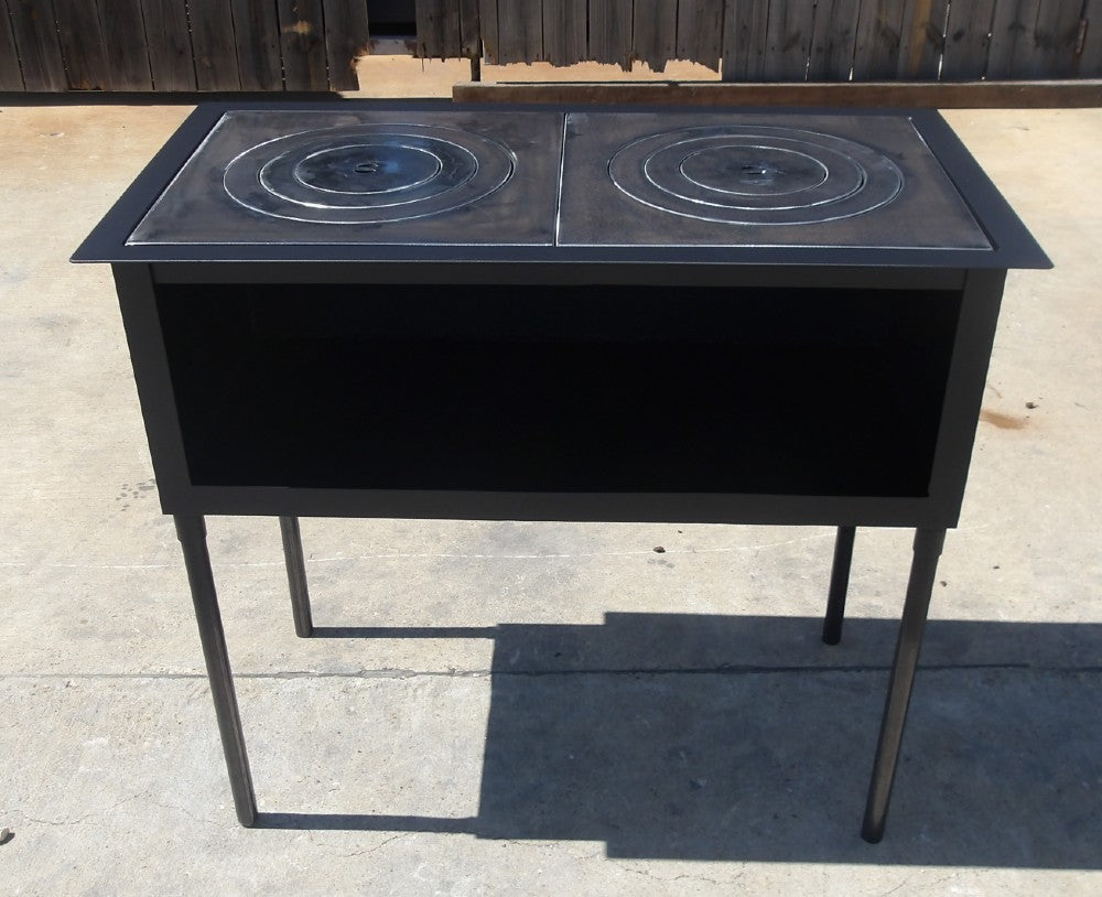 Retro wood stove grill with dual 16 inch fire ring plates, front view showing freestanding black steel outdoor cooker